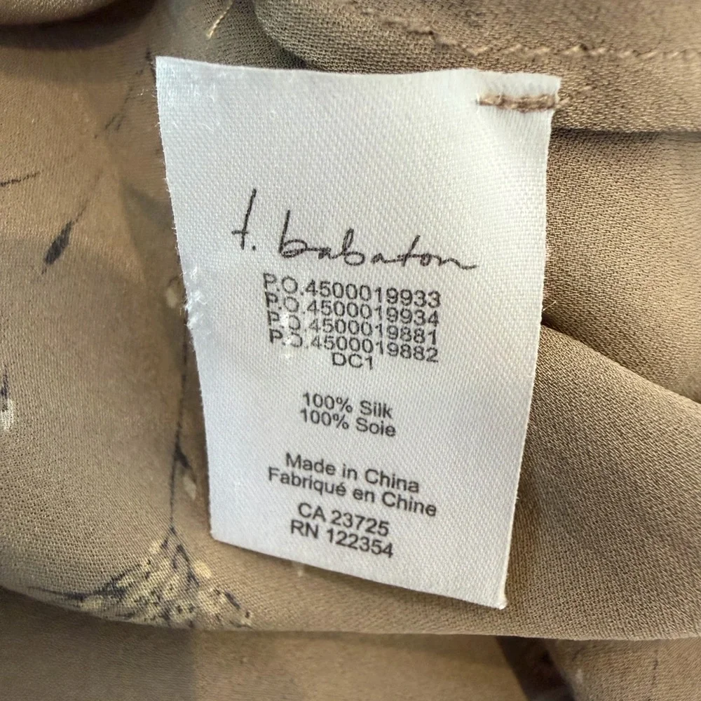 T. Babaton 100% Silk Floral Blouse - Size Small, Taupe Long Sleeve Button Front - Picture 4 of 6